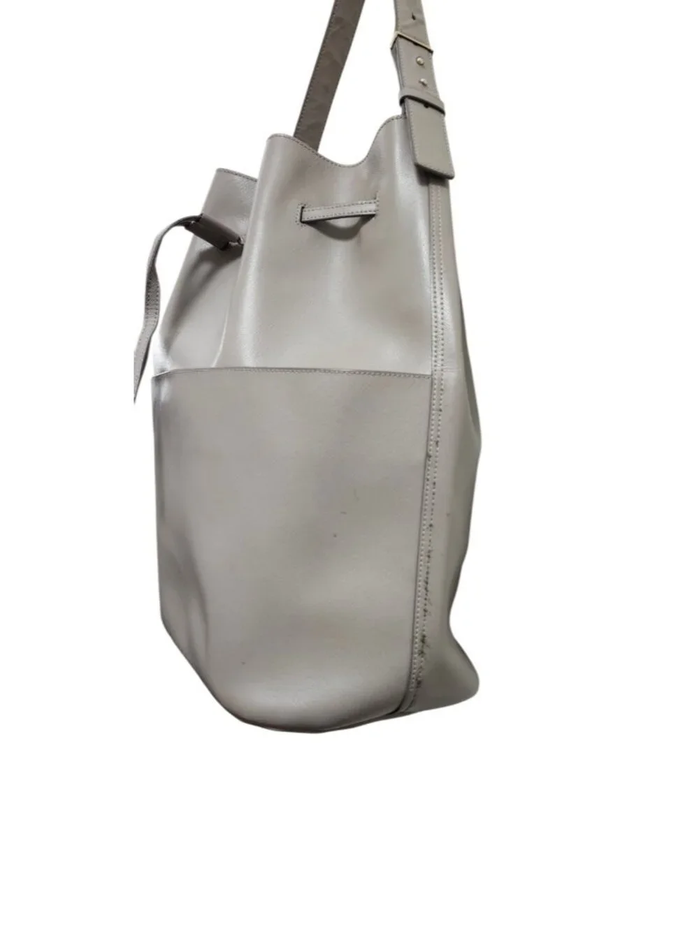 Cuyana Gray Saffiano Leather Bucket Bag Drawstring Shoulder Tote